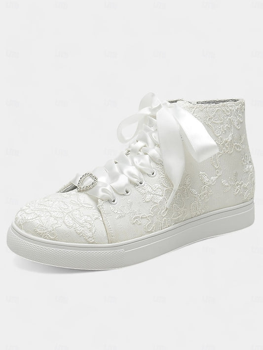 Women's Wedding Sneakers Ribbon Lace Satin with Ivory Laces