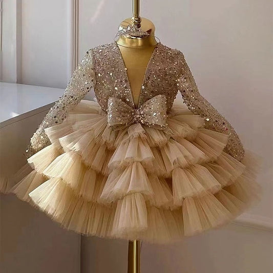 Kids Sleeve Party Dress Long Performance Sequin Girls'