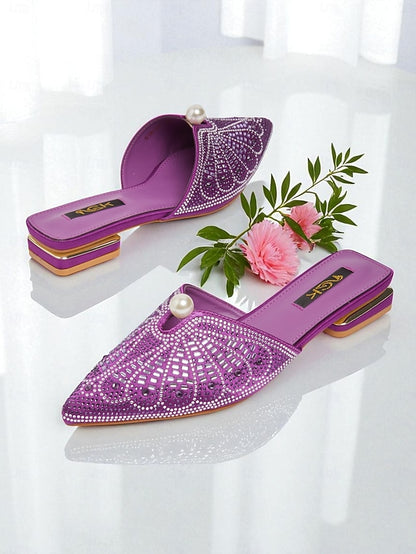 Women's - Detail Mules Rhinestone Glamorous Pearl Gold with