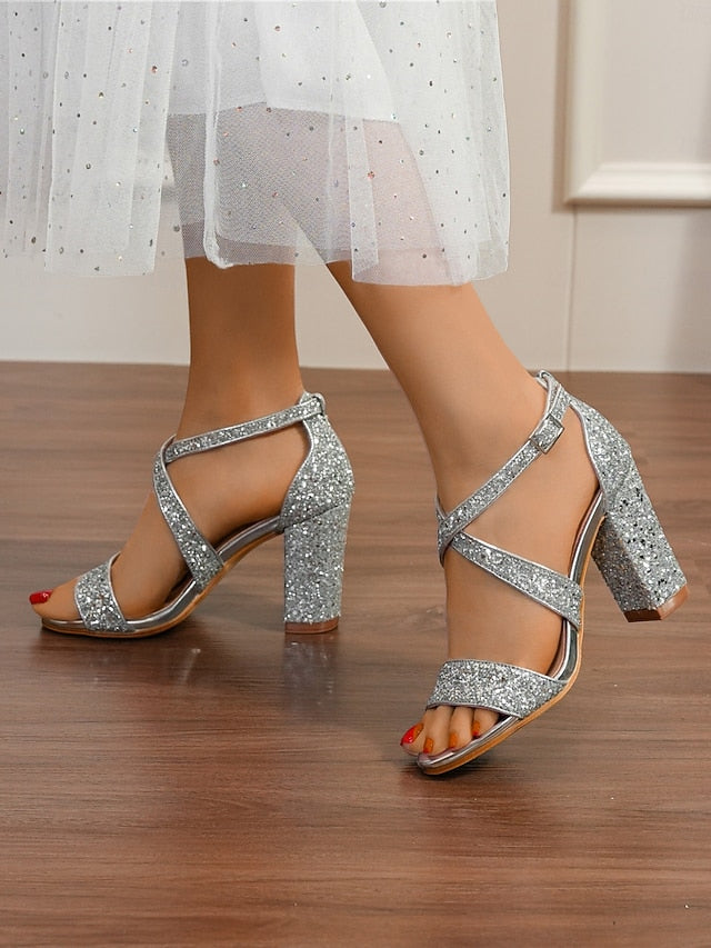 Glitter Gold Sandals Heel Block Women's