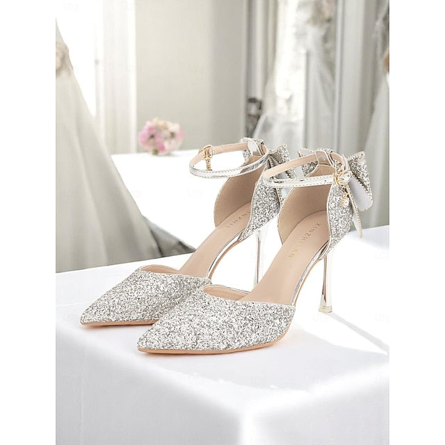 Bow Sparkly Toe - Women's Silver Heels Glitter Pointed