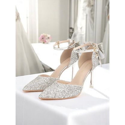 Bow Sparkly Toe - Women's Silver Heels Glitter Pointed
