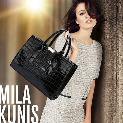 Black Crocodile Women's Leather Pattern Handbag with Patent