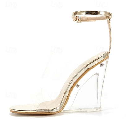 Heels Gold with and Transparent Women's Wedge Clear Straps