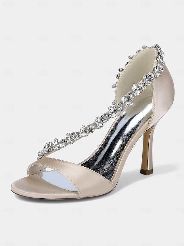 Crystal Heels T-Strap Women's Champagne – with Satin High