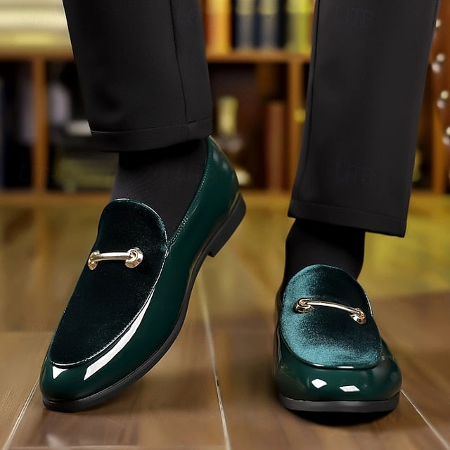 Loops Green Loafers Decorative with Men's Faux Leather Gold