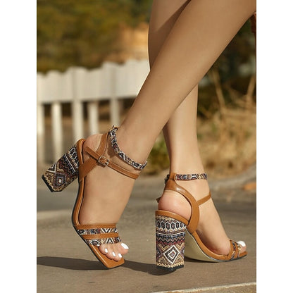 Women's Textured Patterned Boho-Chic with Strap Block Heels