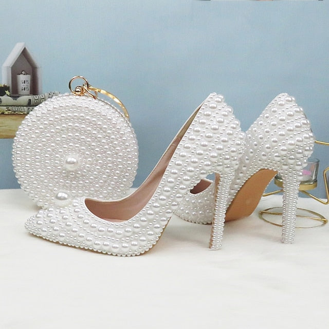 Purse White and Stiletto Round Pearl-Embellished Pearl Set Heels
