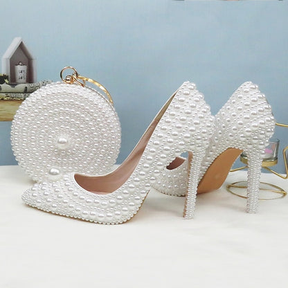 Purse White and Stiletto Round Pearl-Embellished Pearl Set Heels