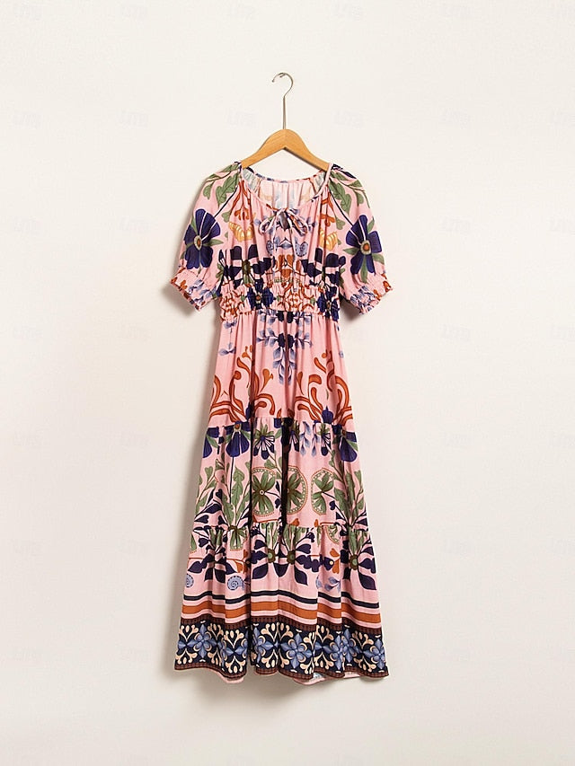 Floral Lace Up Elegant Short Sleeve Midi Dress
