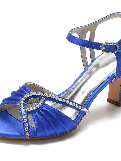 Women's Satin Blue Sandals Heeled Navy Rhinestone –
