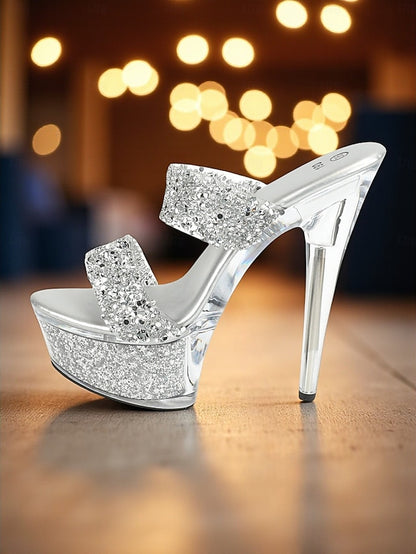 High Women's - Heel Peep Rhinestone Glitter Mules Platform