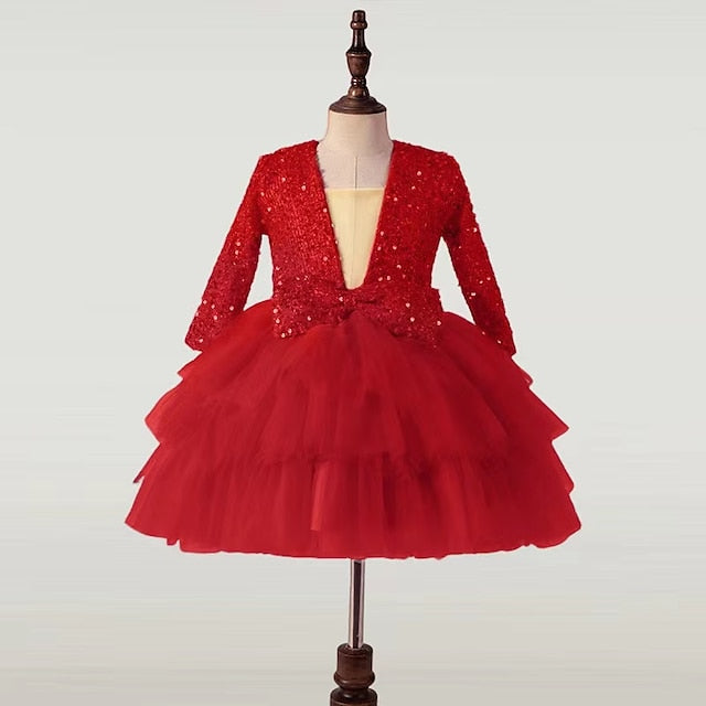 Kids Sleeve Party Dress Long Performance Sequin Girls'