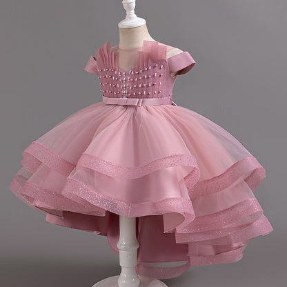 Sleeve Party Color Short Dress Girls' Solid Kids Wedding