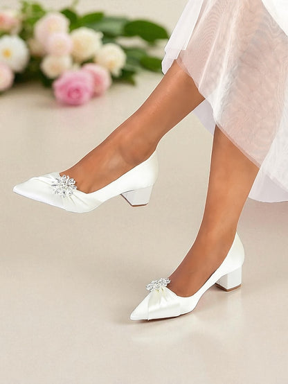 Block White Pumps Women's with Crystal Heel Low