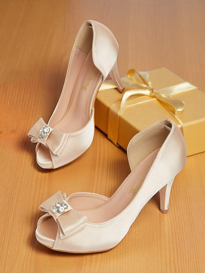 Champagne Satin Bow Women's Peep and Toe Heels with