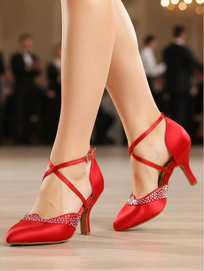 Closed Ballroom Toe Shoes Cross - Dance Satin Women's Red