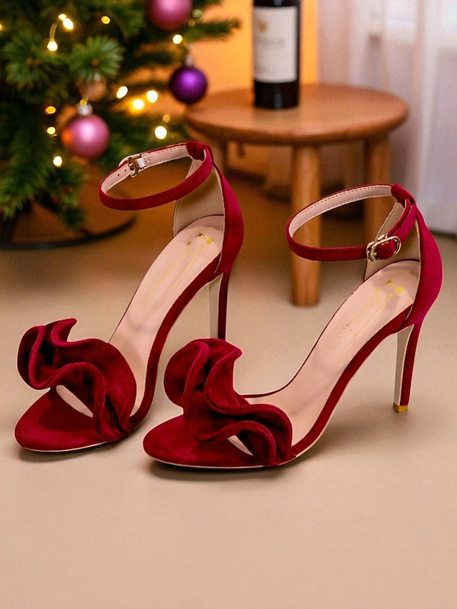Women's High Velvet Red Heel Strap Ankle Sandals - Elegant
