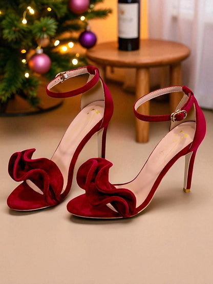 Women's High Velvet Red Heel Strap Ankle Sandals - Elegant