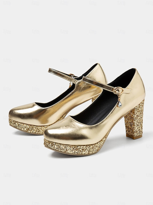 Jane Heel Block Sparkly Women's Glitter Gold Mary Pumps –