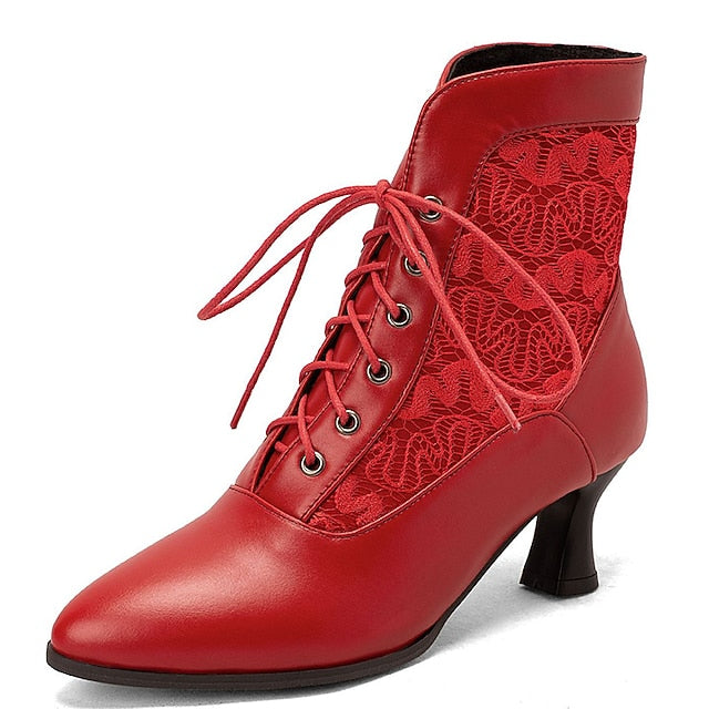 Lace-Up Ankle Women's Boots White Embroidered with Panels