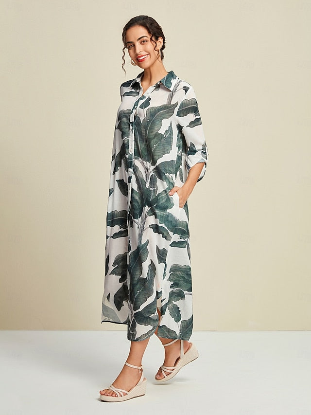 Tropical Leaves Print Maxi Dress