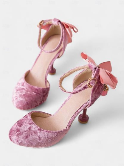 Women's with Burgundy Big Bow Jane Mary and Velvet Heels