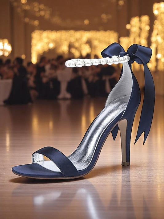 Satin Ankle Strap – Heel Navy Sandals Pearl High Women's