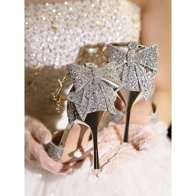 Glitter Bow Sparkly Heels - Pointed Women's Toe Silver