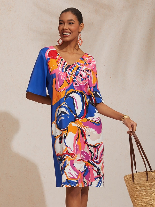 Vacation Artistic Floral Fitted Waist Satin Mini Dress