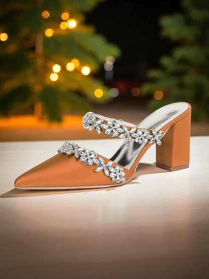 Floral Black Women's Block with Mules Rhinestone Heel Satin