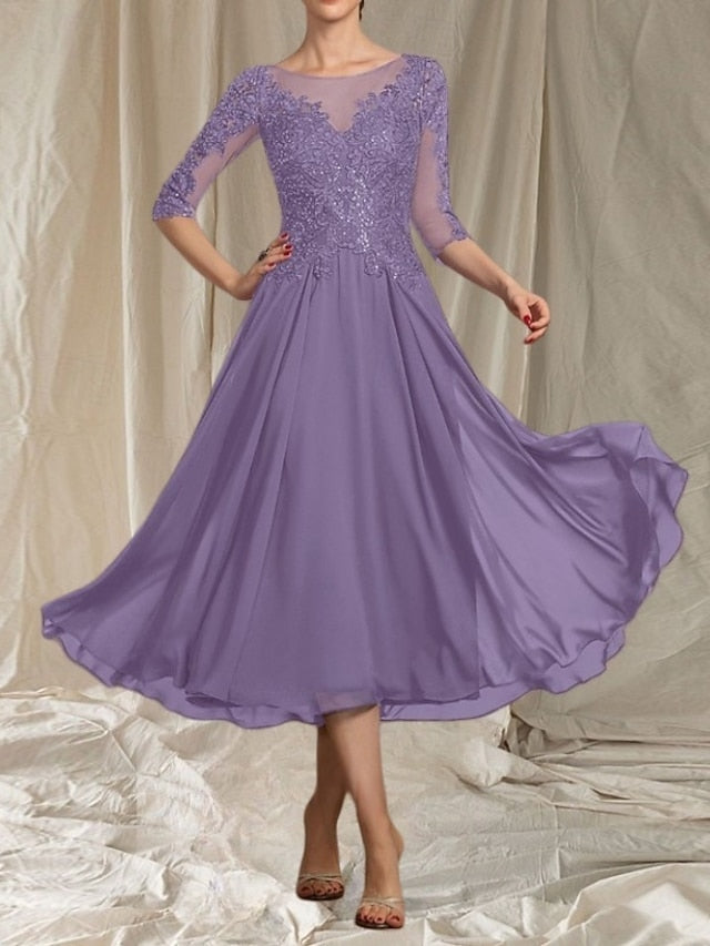 of the Bride Mother Crew Dress Neck Elegant Guest A-Line Wedding