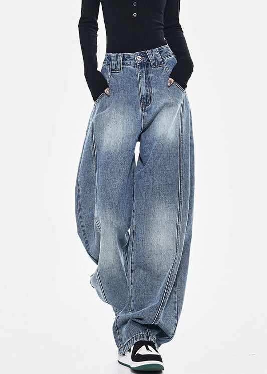 Pantalon mode poches hautes printemps bleu patchwork taille denim 