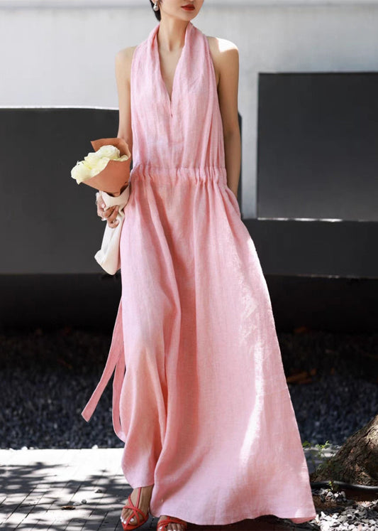Robe longue en lin rose sans manches avec poches à nouer à la taille 