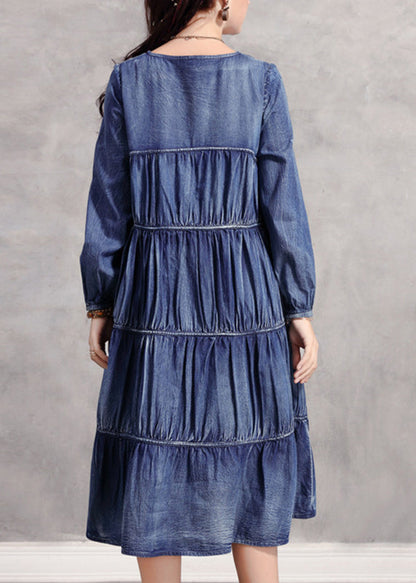 Robe longue décontractée en denim bleu à col en V froissé et à manches longues NN018 