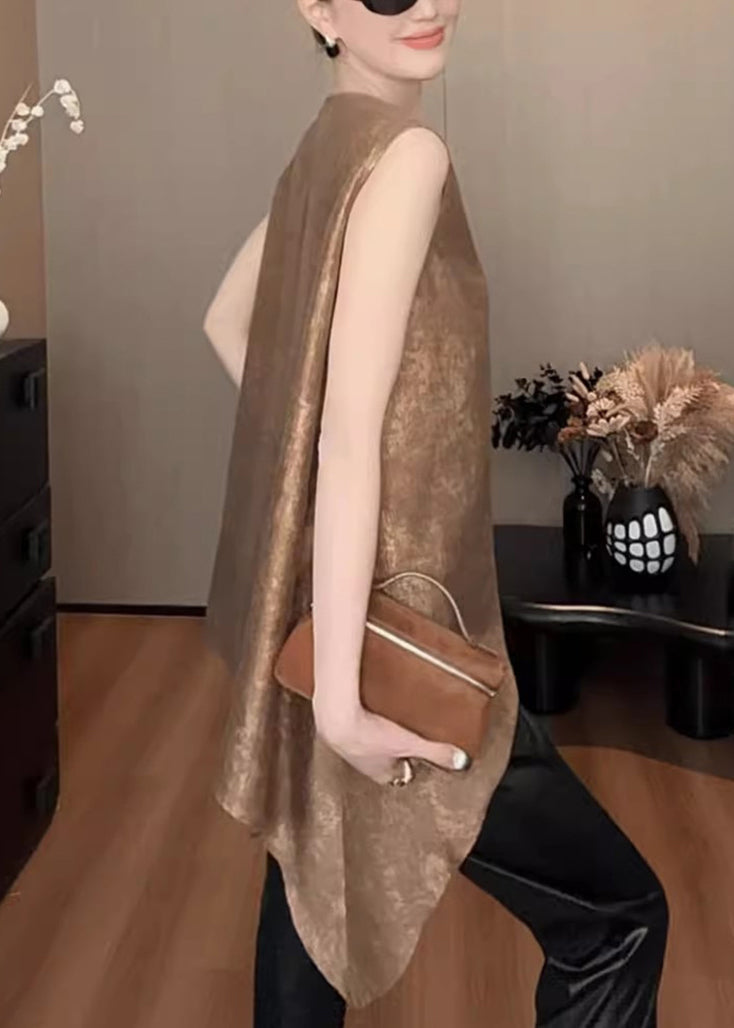 Elegant Khaki V Neck Asymmetrical Solid Silk Tank Sleeveless QP052