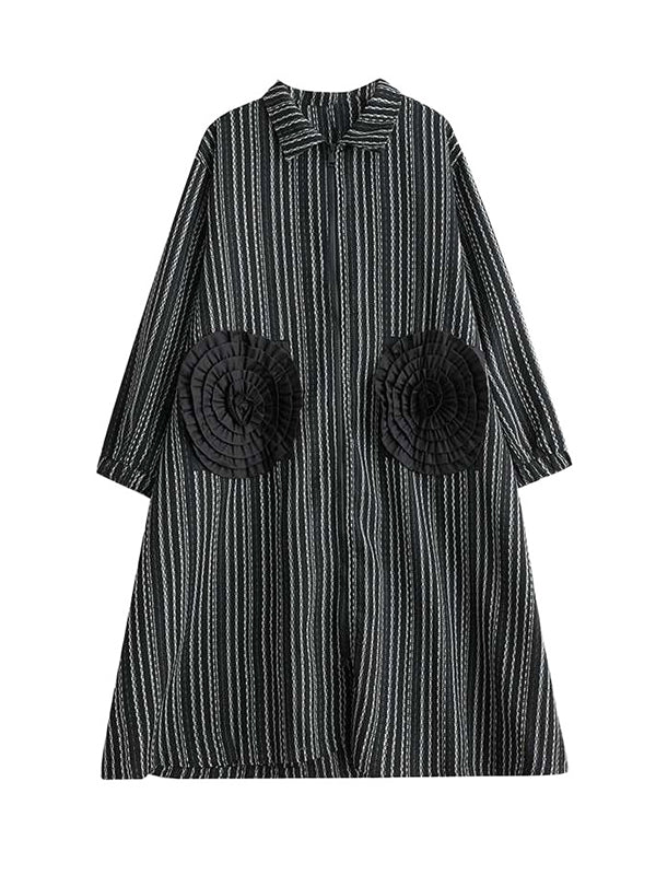 Design Black Lapel Flower Pockets Striped Long Sleeves Zip-up Dress WS010