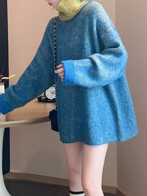 Design Loose Blue Contrast Color High-Neck Long Sleeve Sweater AN1054