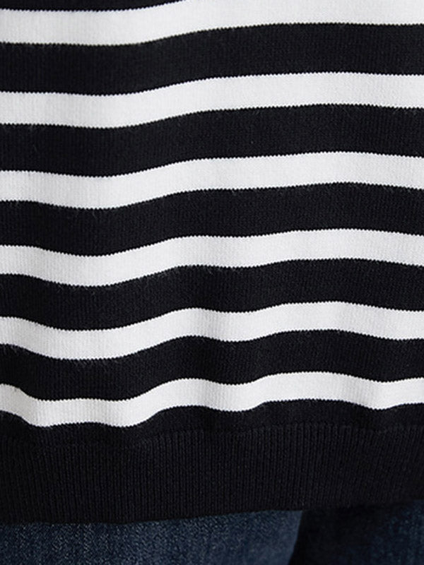 Casual Loose Black V-Neck Contrast Color Striped Long Sleeve Knit Sweater AN1035