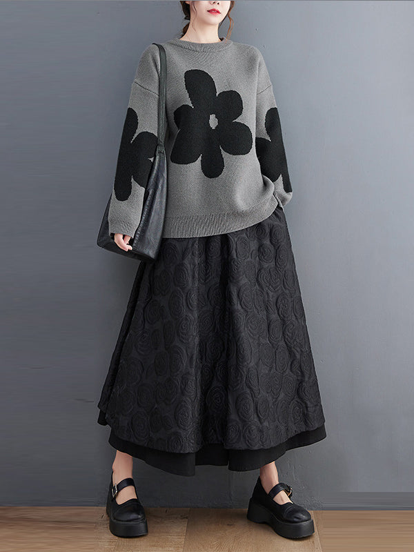 Cute Loose Black Round-Neck Contrast Color Flower Long Sleeve Sweater AN1070