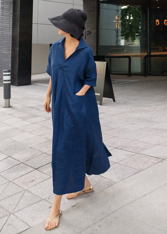 Faltenkleid mit offenen Ärmeln, seitlich, kurz, Leinen, Blau