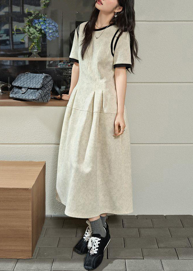 Kurze O-Ausschnitt Falten Maxi Grau Licht Kleider Patchwork Sommer