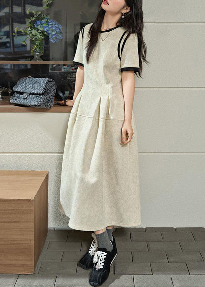 Kurze O-Ausschnitt Falten Maxi Grau Licht Kleider Patchwork Sommer