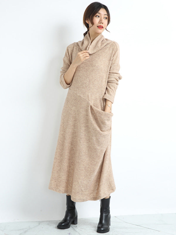 Casual Loose Cream Heaps Collar Pockets Long Sleeve Knit Dress AN1074