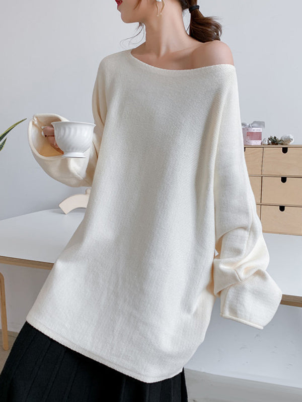 Loose Burgundy Round-Neck Long Sleeve Knit Top AN1071