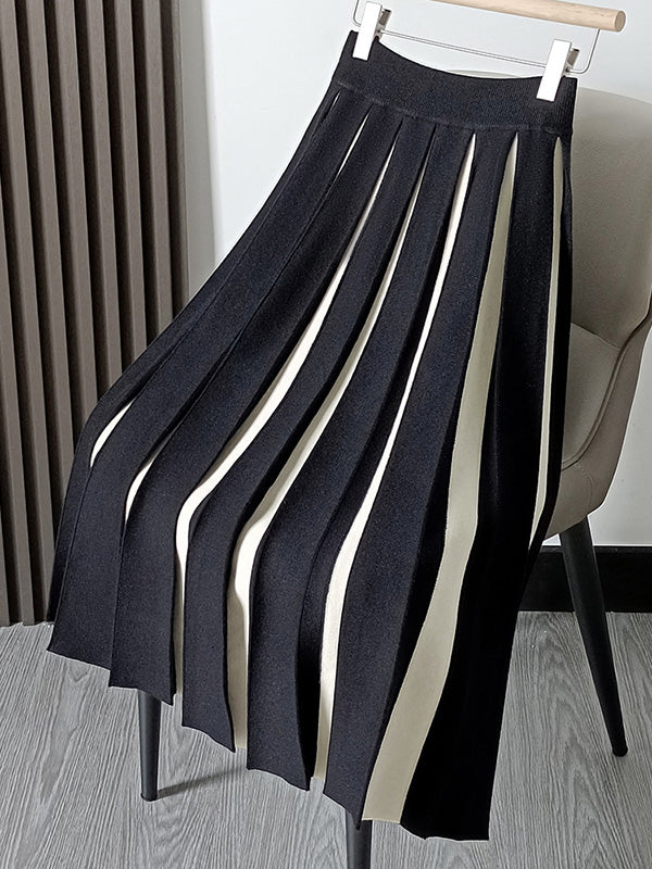 A-line Pleated Retro Skirt Knit Contrast White Color