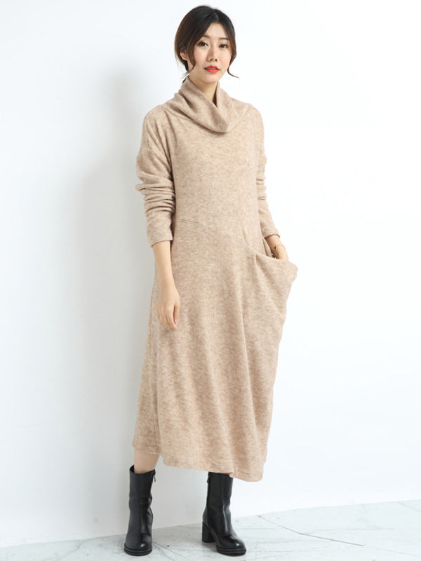 Casual Loose Cream Heaps Collar Pockets Long Sleeve Knit Dress AN1074