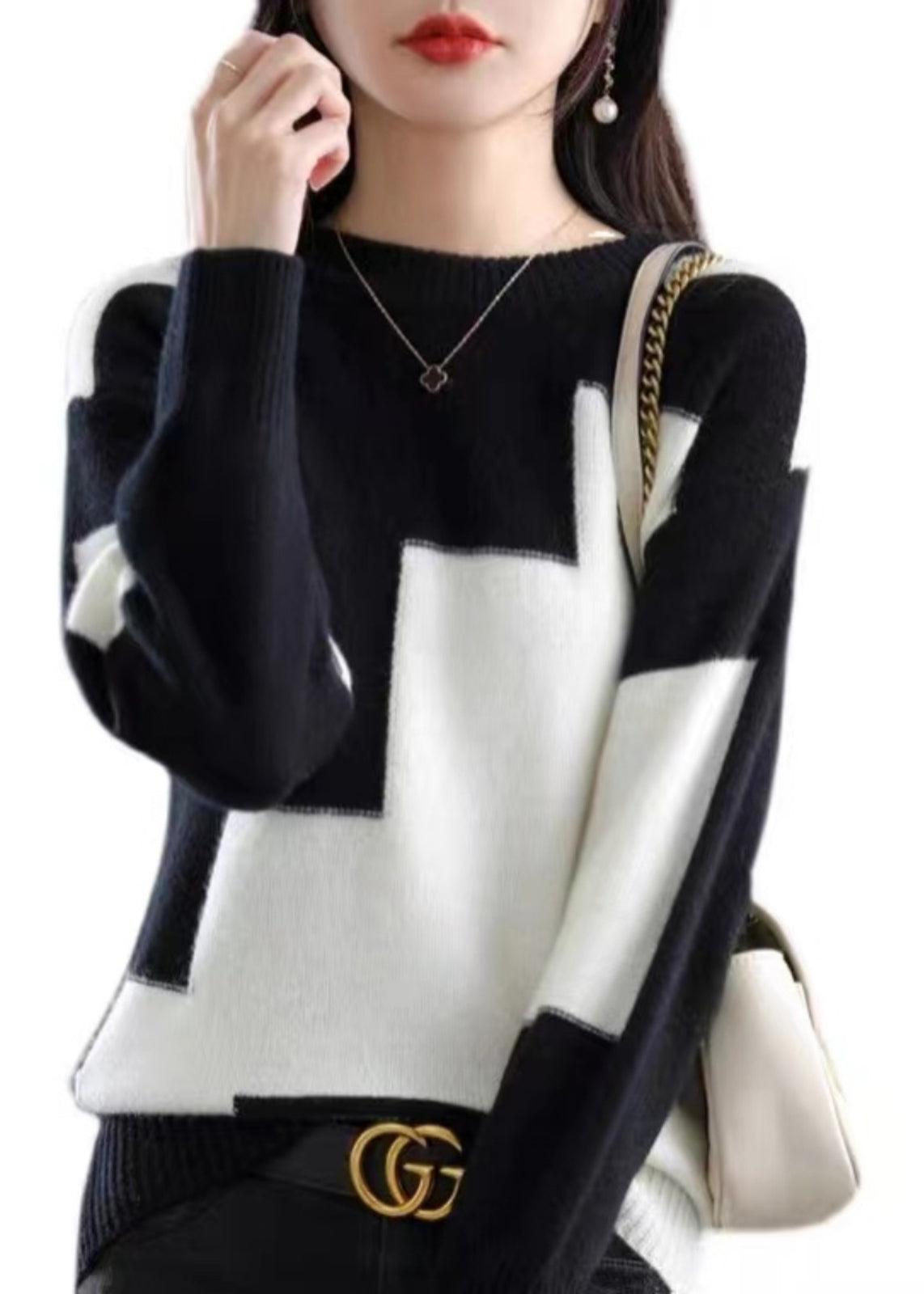 Natural White O-Neck Patchwork Thick Cashmere Knit Sweater Fall QP024