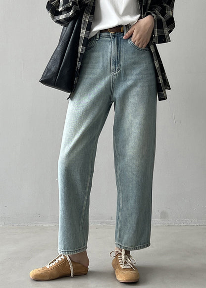 Pantalon droit en denim bleu clair simple avec poches taille haute pour l'automne WD017 