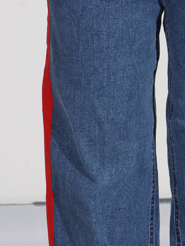 Jean droit rouge chic noué taille haute boutonné 